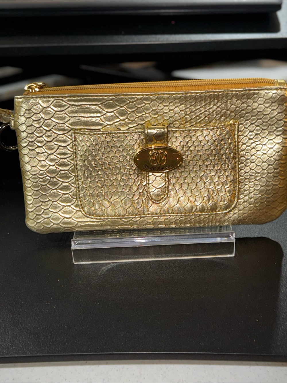 Sharif 1827 metallic gold snakeskin embossed wristlet, VINTAGE